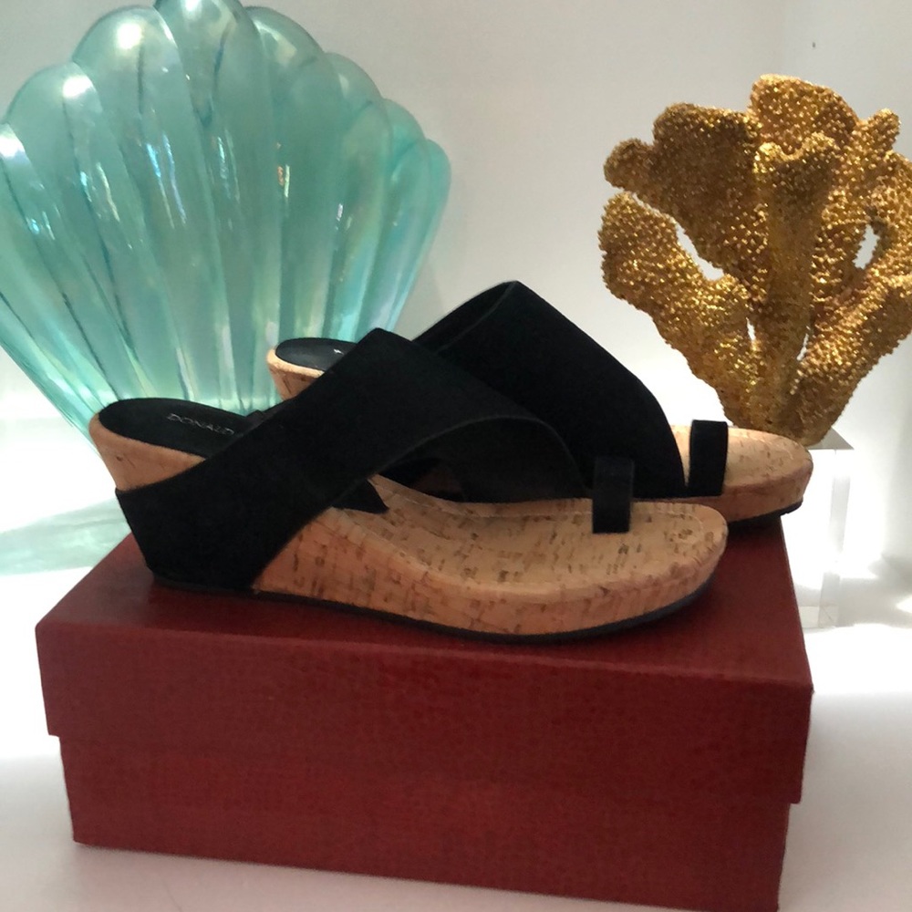 Donald Pliner black suede wedge. Strap over Big Toe size 10